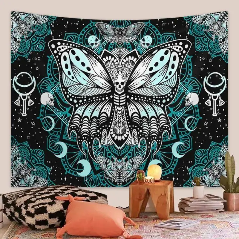 Witchy Moth Skull Wall Tapestry Teal Moon Mandala Goth Dark Spiritual Teen Room Hanging Cloth Peach Skin Velvet Decor Tapestry