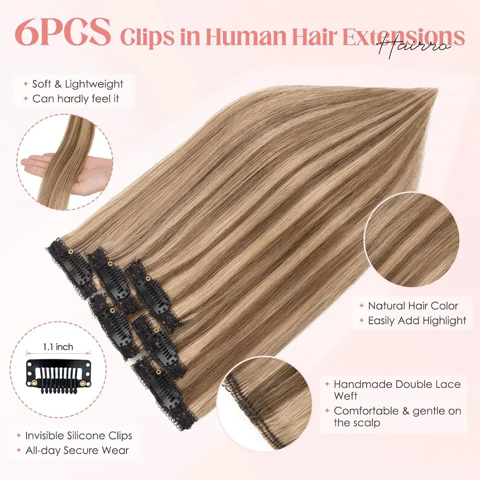 TESS 6pcs Clip In Short Human Hair Extensions Single Clip Ins Seamless Hairpieces for Women Lace Weft Remy Hair Add Highlights
