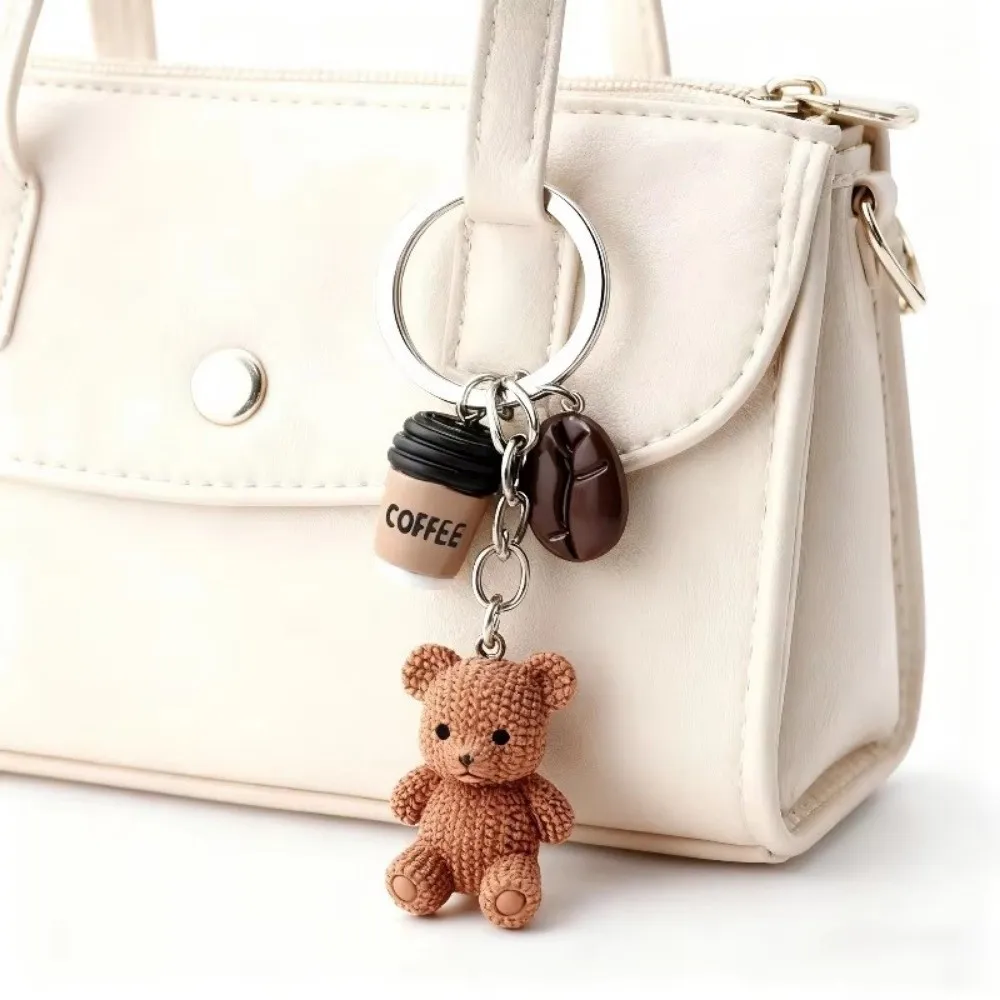 Cute Resin Bear Coffee Keychain Mini Cartoon Pendant Keychain with Metal Ring Closure Bag Charm For Coffee Lovers Gift