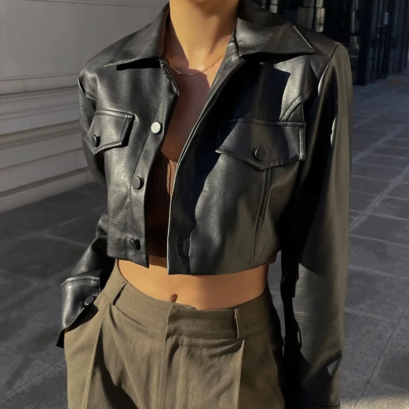 

JFL4363 Style Women's Biker Jacket Single Button Sexy Belly Button Exposure Summer 2024 Fashion Slim Fit Long Sleeve Pure Color