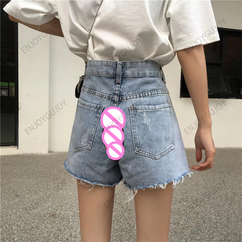 Invisible Open Crotch Outdoor Sex Exotic Hotpants Women Ripped Denim Shorts Ladies Loose Wide Leg Jeans High Waist Hot Pants