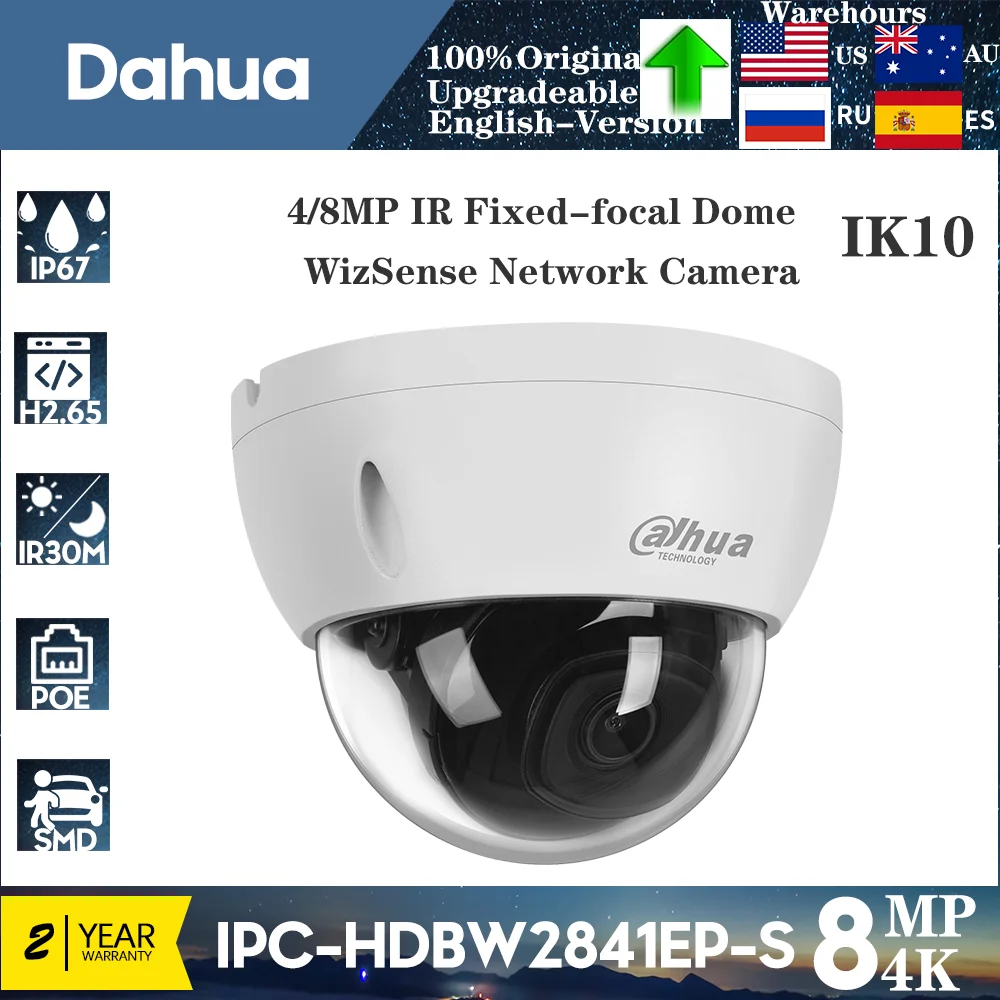 Original Dahua 4MP IPC-HDBW2441E-S 4K 8MP IPC-HDBW2841E-S Built-in MIC IR 30M IVS IK10 POE SMD Plus Starlight WizSense IP Camera