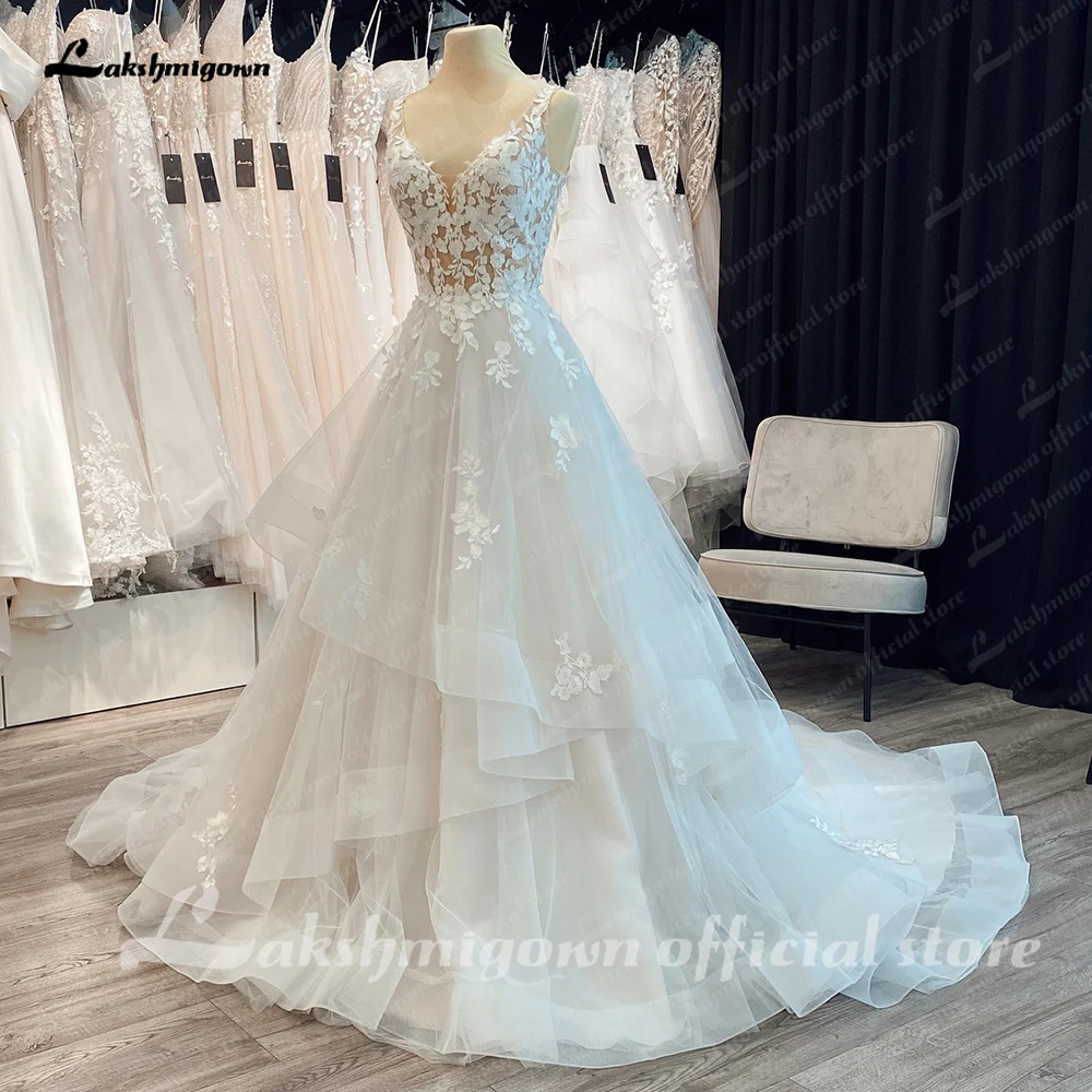 Modern V-neck Wedding Dress Bridal for Woman Tank Appliques A-line Ruched Court Train vestidos de novia de talla grande