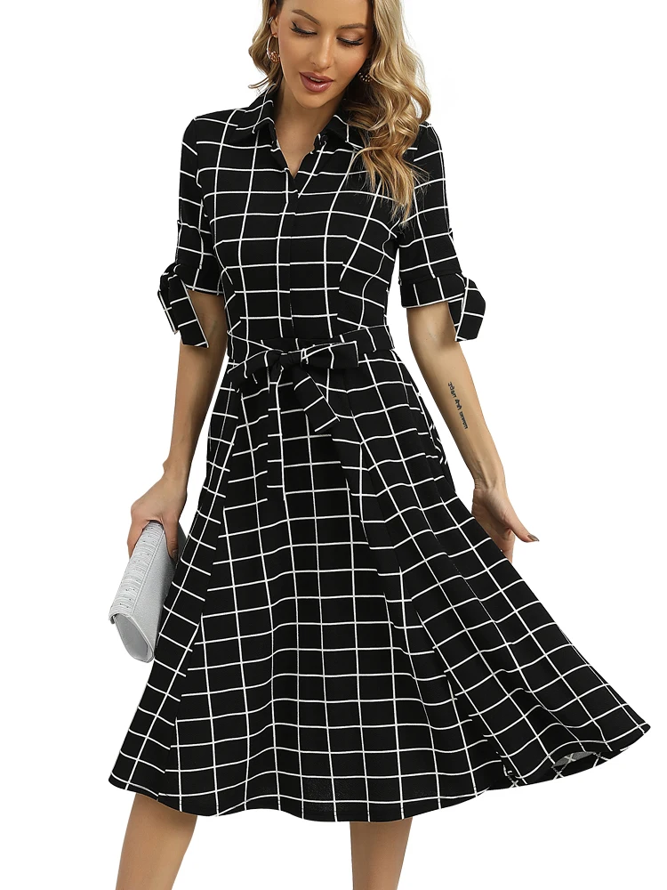 Nice-Forever Spring Women Classy Turn-Down Collar Dresses Casual Party elegante Retro Flare Swing Dress A381