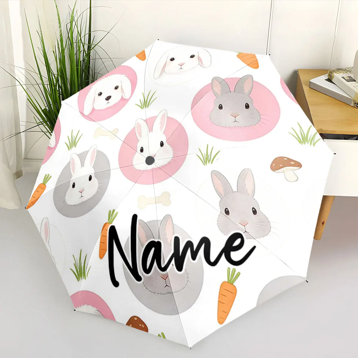 Custom Name Cute Rabbit and Carrot Umbrella Design Print 8 Iron Ribs Folding Umbrella Auto-Open Fashion Sunshade