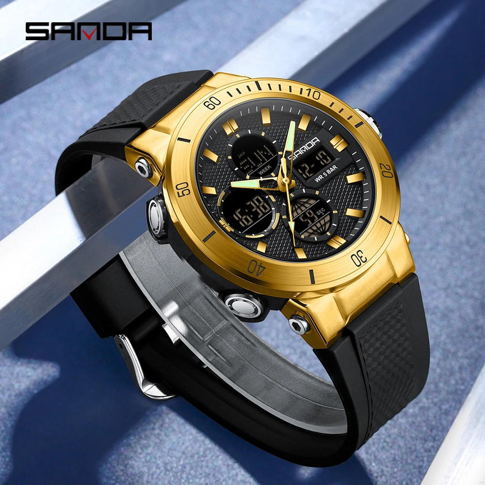 

SANDA 6191, новые мужские часы, многофункциональные часы с обратным отсчетом, секундомер, водонепроницаемые светящиеся электронные часы с будильником для мужчин