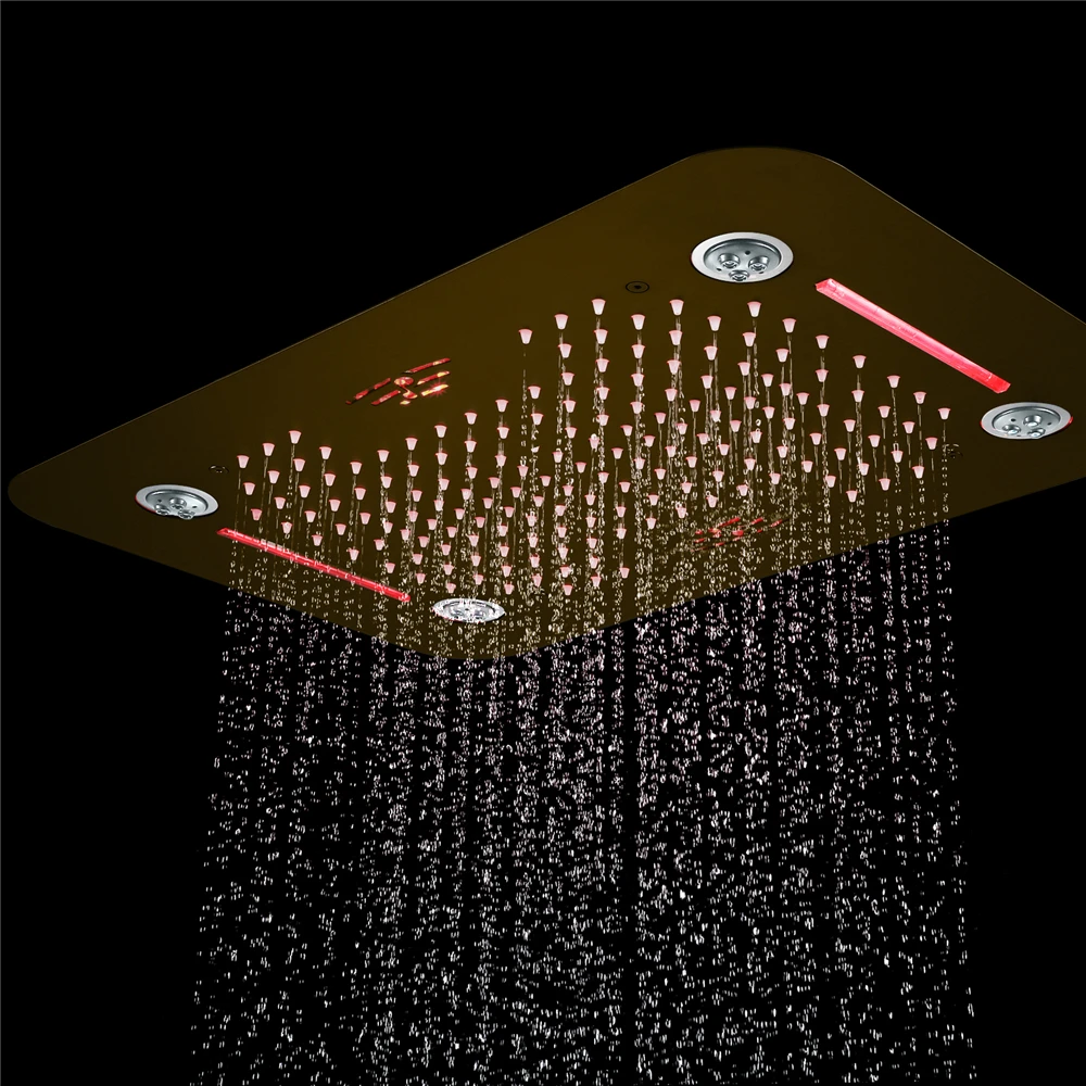 Потолочная встроенная 23x15 дюймов музыкальная светодиодная насадка для душа с дождевой водопадом, современный латунный термостатический смеситель, керамический сердечник клапана