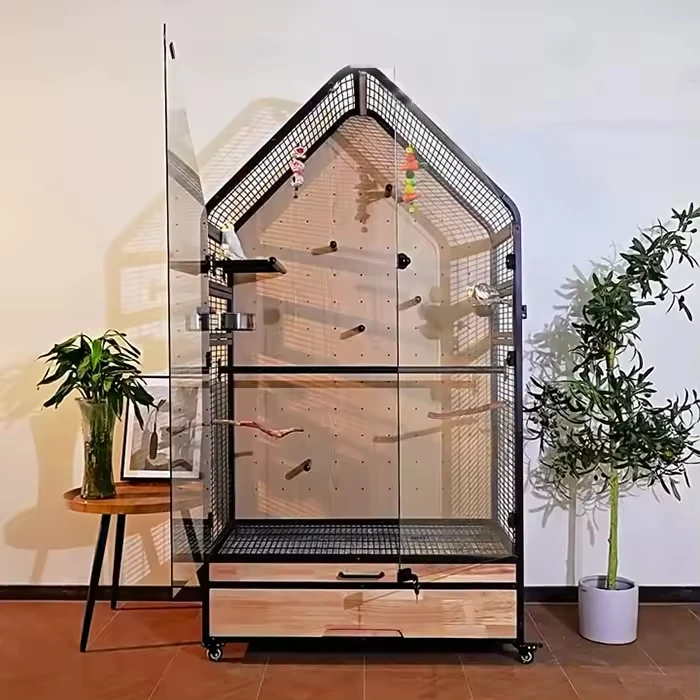 Parrot Luxury Villa Bird Cage Large Space Movable Solid Wood Iron Glass Modern Square Pattern Plastic Metal Nested Bird House