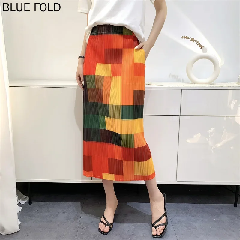 Summer rainbow mosaic print pleated all-match high waist slim skirt women's slits MIYAKE PLEATS faldas cortas ropa mujer