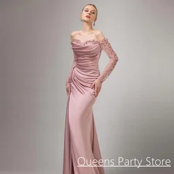 Pink Evening Dress Customized Long Sleeves Sweetheart Beading Sequin Pleat High Slit Satin Mermaid Prom Gown Party Dresses