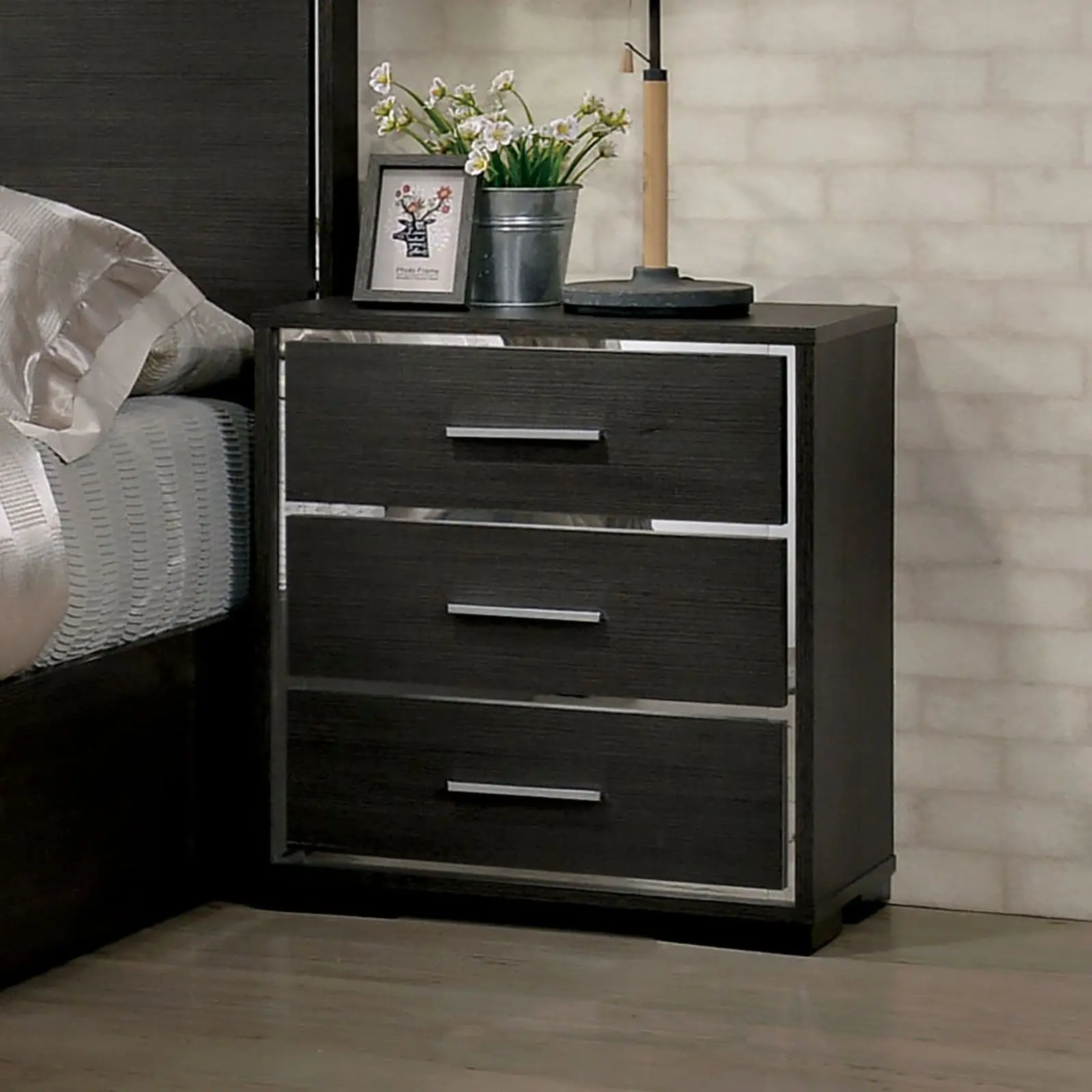 Solid Wood Modern Nightstand In Warm Gray With Sleek Chrome Trim Insert Contemporary Bedroom Furniture
