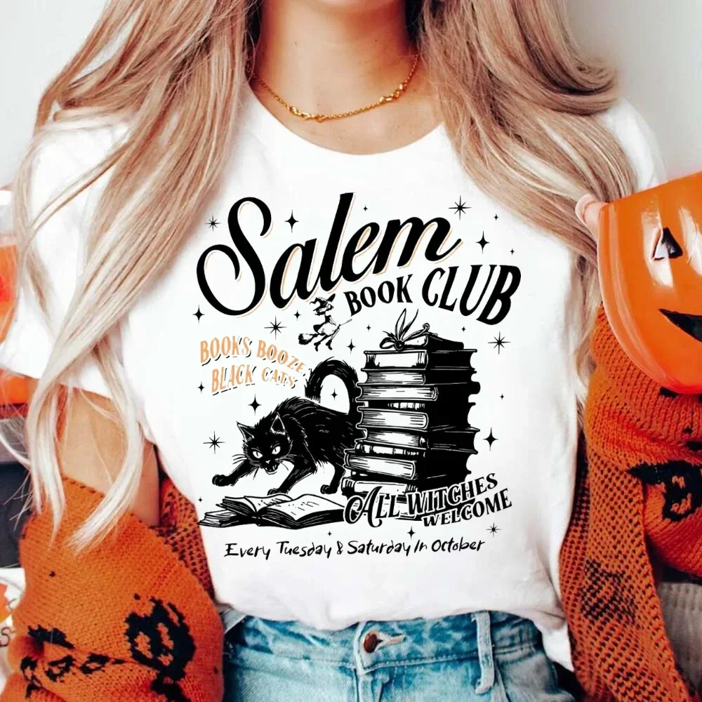 Black Cat Salem Book Club All Witches Welcome T-Shirt Fashion Pattern Top Short Sleeve Summer Shirt Printed Retro Women\'s T-Shir