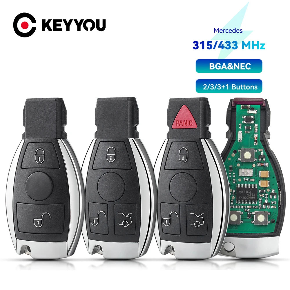 

KEYYOU 433MHz 2 Button Control Car Remote Smart Key Replacement For Mercedes Benz Year 2000+ Supports Original NEC and BGA