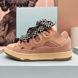 Prawdziwej skóry Splicing Lace Up Oddychające płaskie buty do chodzenia Gruba podeszwa Mieszane kolory Daddy Shoes Czterosezonowe trampki unisex