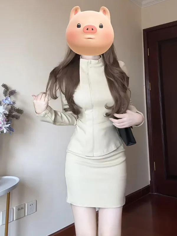 

Fashionable Workwear Jacket And Slimming Skirt Set for Women Long Sleeve High Collar Autumn New Arrival Two Piece Suit
