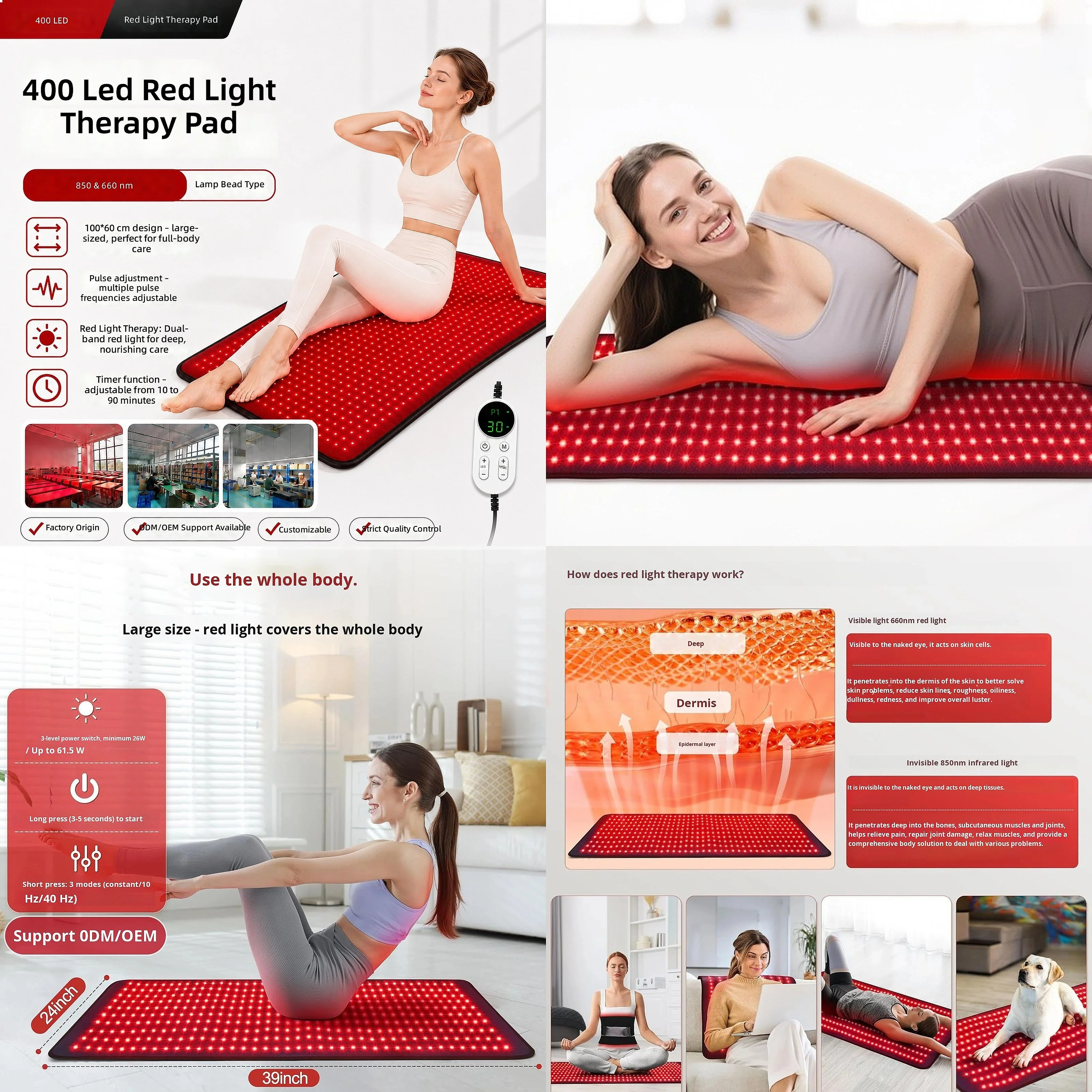 400 LEDs 61.5W Red Light Therapy Mat Body 100X60cm  Dual-Band 660nm/850nm Infrared Medical-Grade Pad Back Shoulder Joint Relief