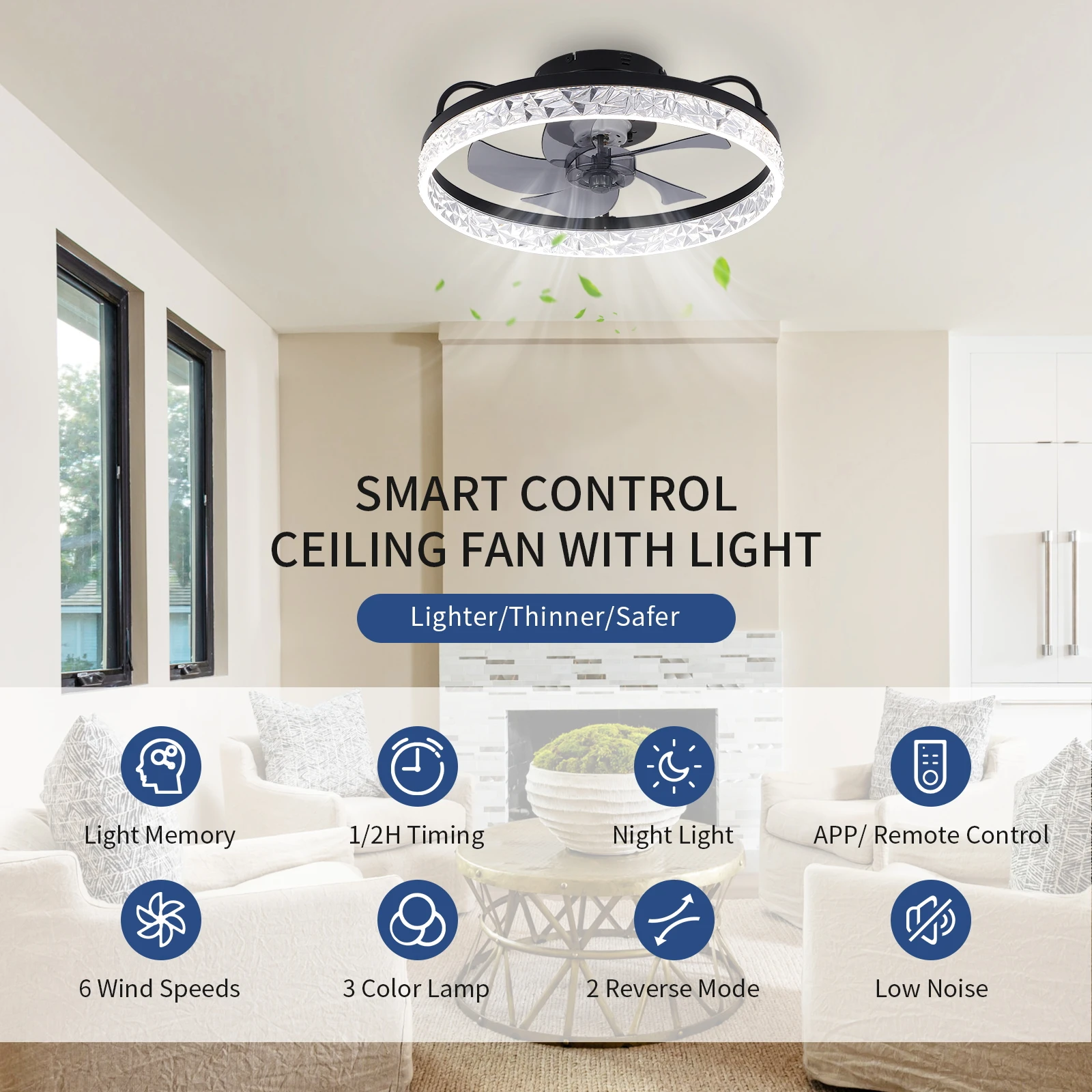 Diamond Cut Acrylic Fan Lamp Dual Color Infinite Dimming Remote Control with Memory Function Black Transparent ABS Fan Light