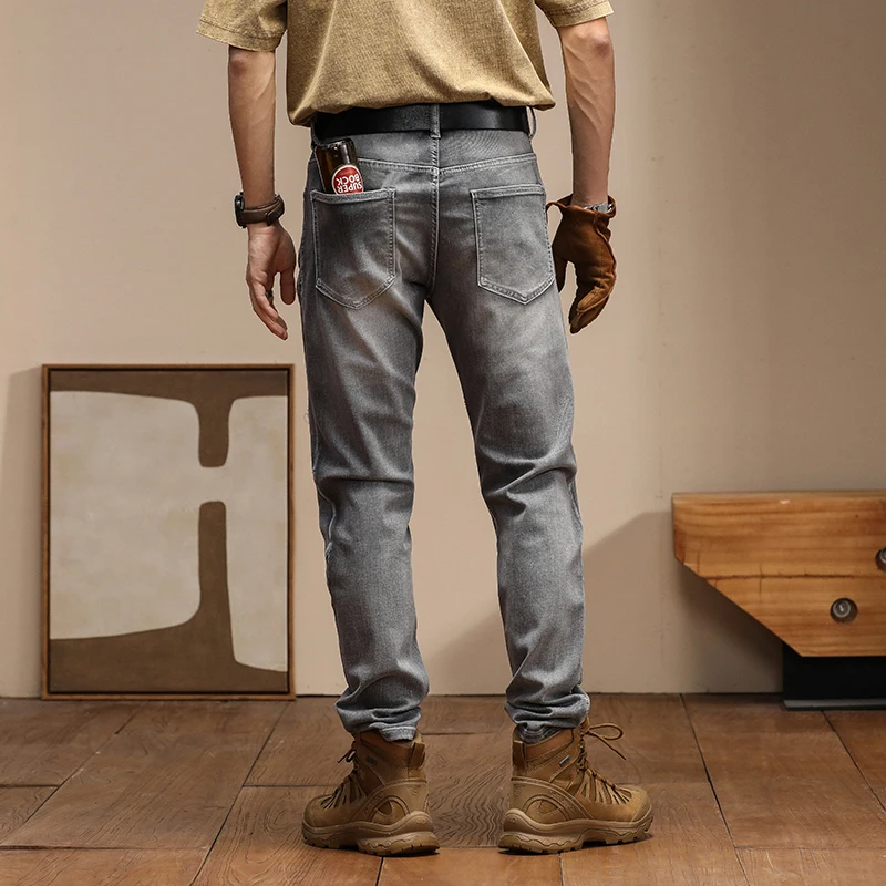 New American High Quality Trendy Slim Fit Zipper with Ripped Patch Motorcycle Feet Pants Vintage Jeans for Men Skinny Jeans Men