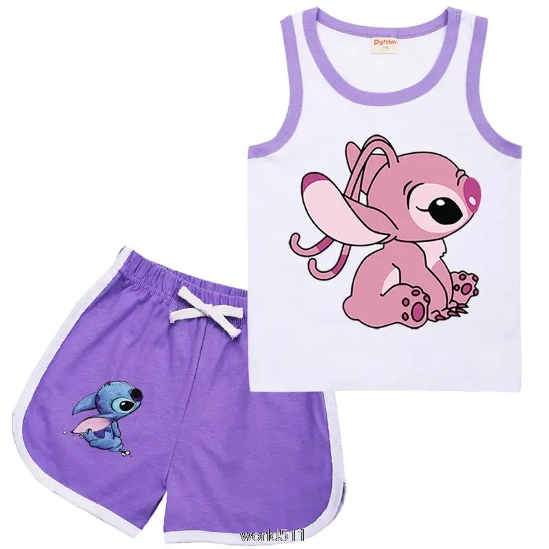 Stitch Summer Children Kids Sport Basketball Set Baby Boys Girls Cartoon Vest Sleeveless Tops +Shorts Outfit Clothes Pink