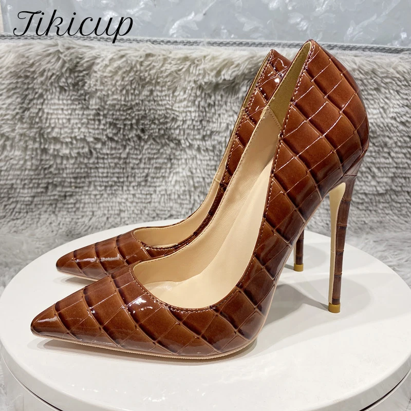 Tikicup Coffee Brown Crocodile Women Sexy 12cm High Heels Party Shoes Ladies Slip On Pointy Toe Stiletto Pumps Plus Size 33-46