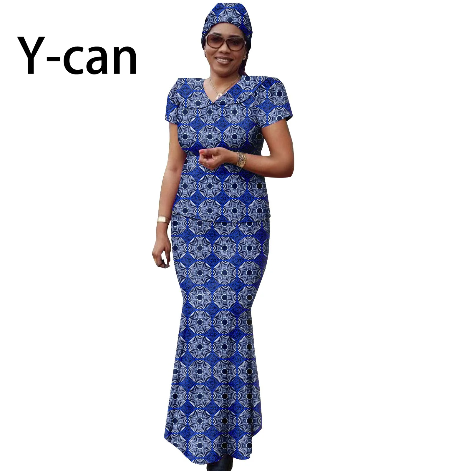 African Women Set Ankara Print Traditional Doll Collar Top and Skirts Match Headscarf Bazin Riche Dashiki Lady Outfits Y2326003