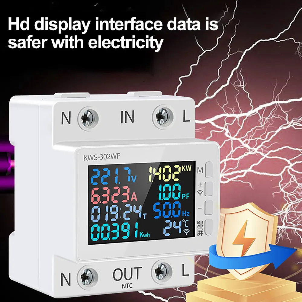 WIFI APP Digital Energy Meter Tester Rail Electricity Usage Monitor AC 170V~270V 63A Power Voltmeter Voltage Amps Watt Kwh Meter