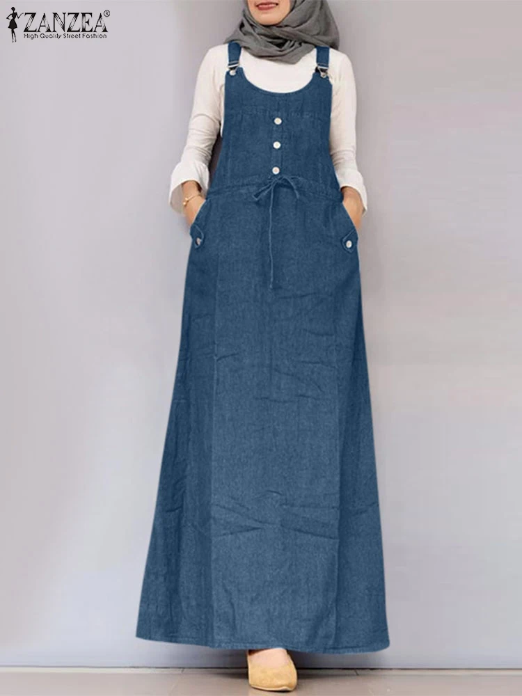 ZANZEA Fashion Women Muslim Sundress Solid Denim Blue Abaya Hijab Vestido Robe  Spaghetti Strap Overalls Dress Casual Suspender