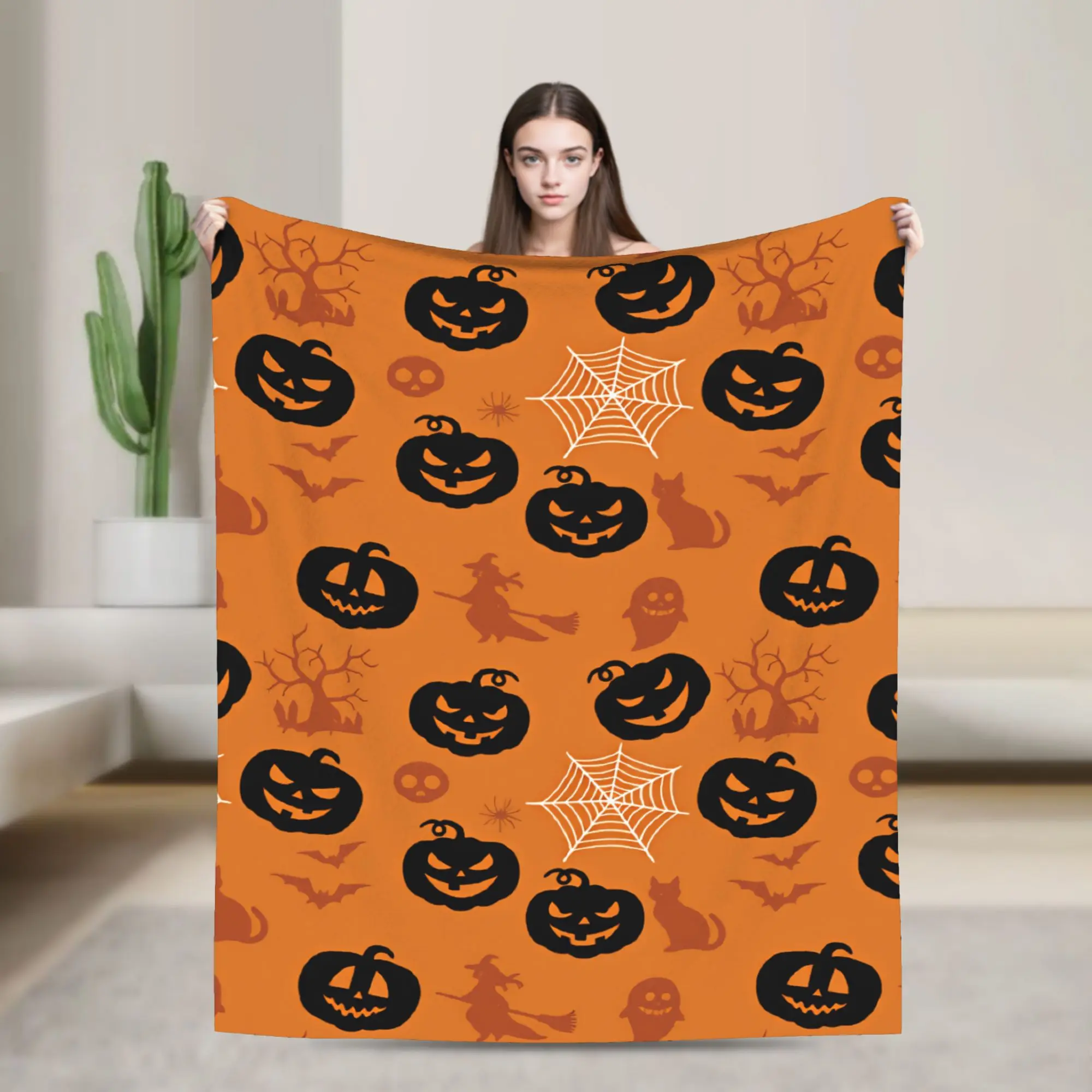 Halloween Pumpkin Cat Witch Spider Web Bat Seamless Pattern Orange Background Blanket Warm Comfy Bedding Throws Office Bedspread