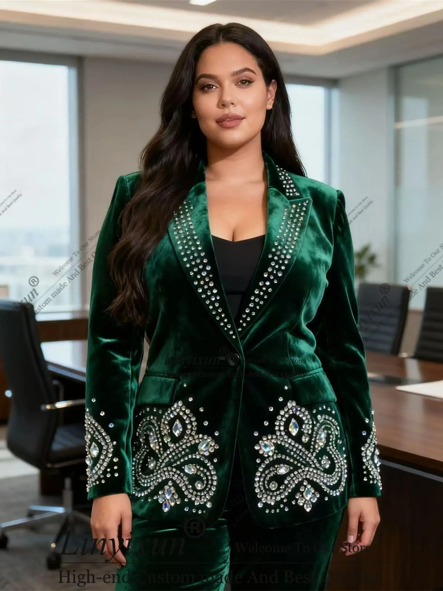 

Elegant business Rhinestones Customized Women's Suit 2 Pieces пиджак женски Shiny Slim Fit Womens Clothing Pant