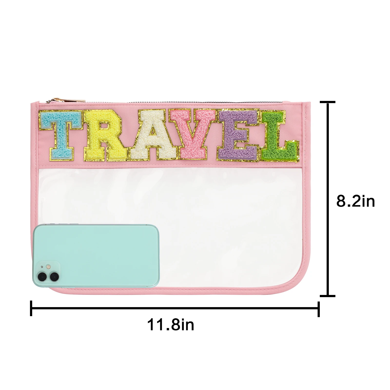 Transparent Cosmetic Bag Clear Nylon Flat Zipper Travel Pouch PVC Makeup Toiletry Bag Waterproof With Chenille Letter Patches