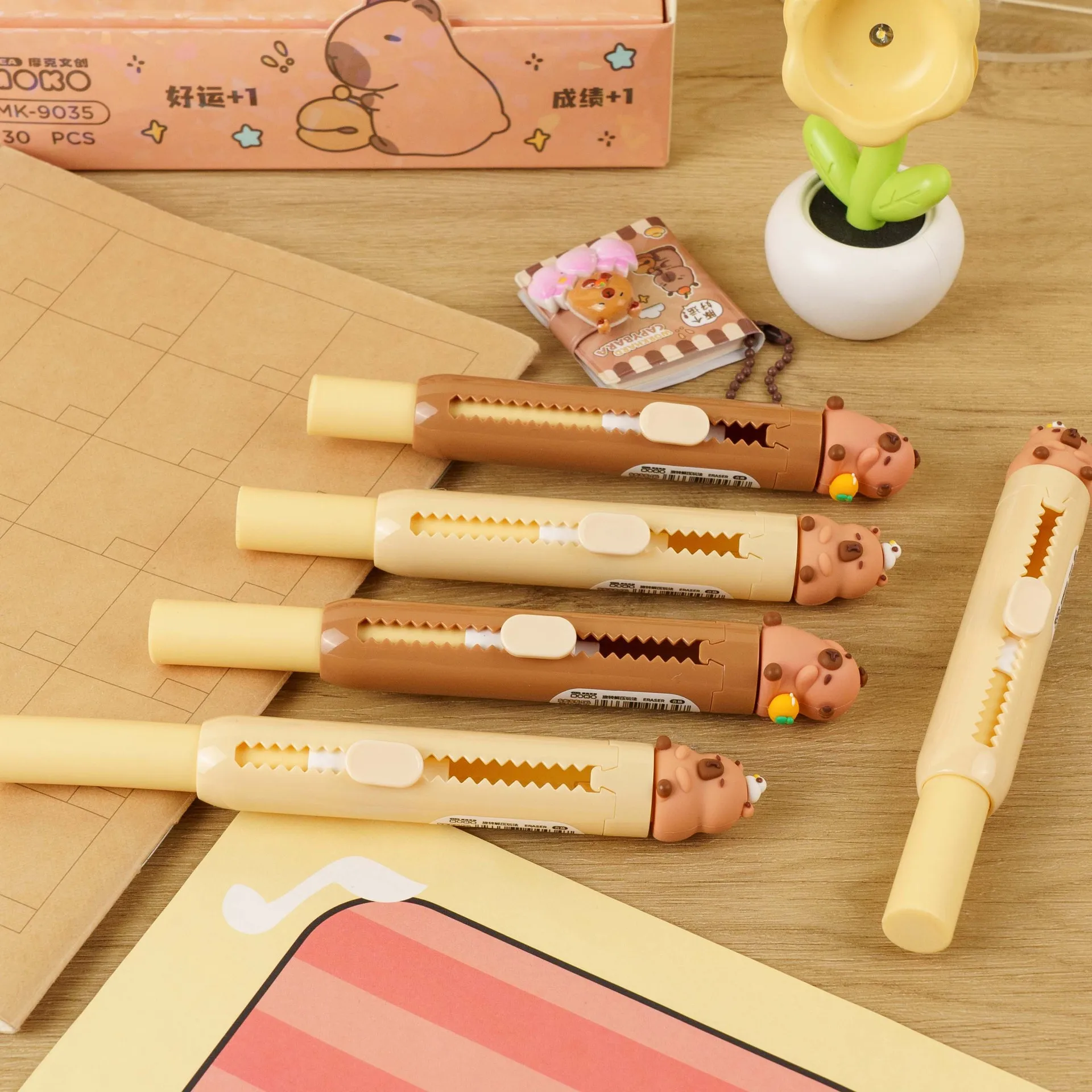 30Pcs/Lot Rotation Capybara Press On Erasers Cartoon Retractable Rubber Pencil Erasers For Kids Students Writing Drawing Tool