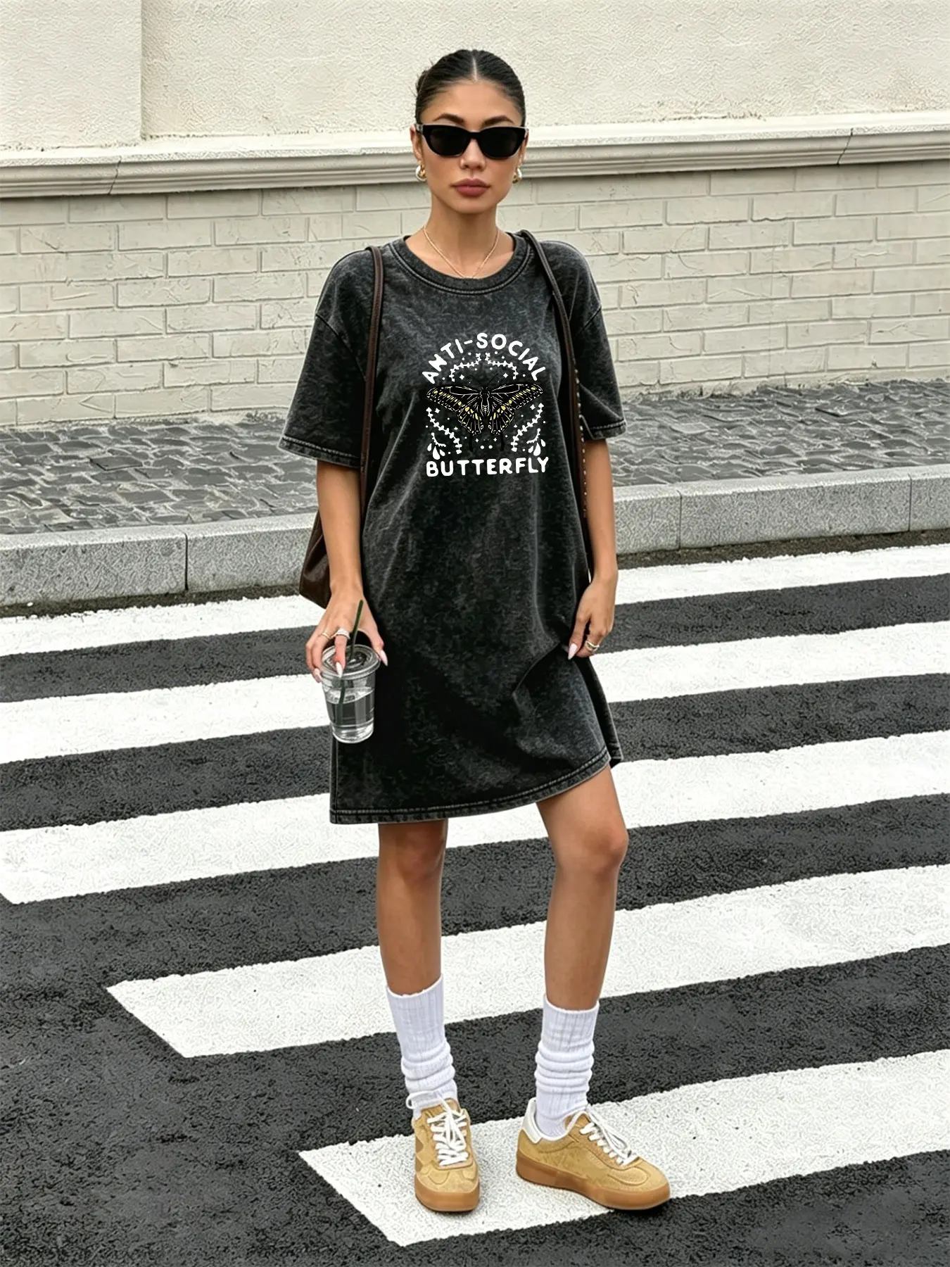 Streetwear Brand With Butterfly - Vintage Washed Retro T-Shirt Dress for
