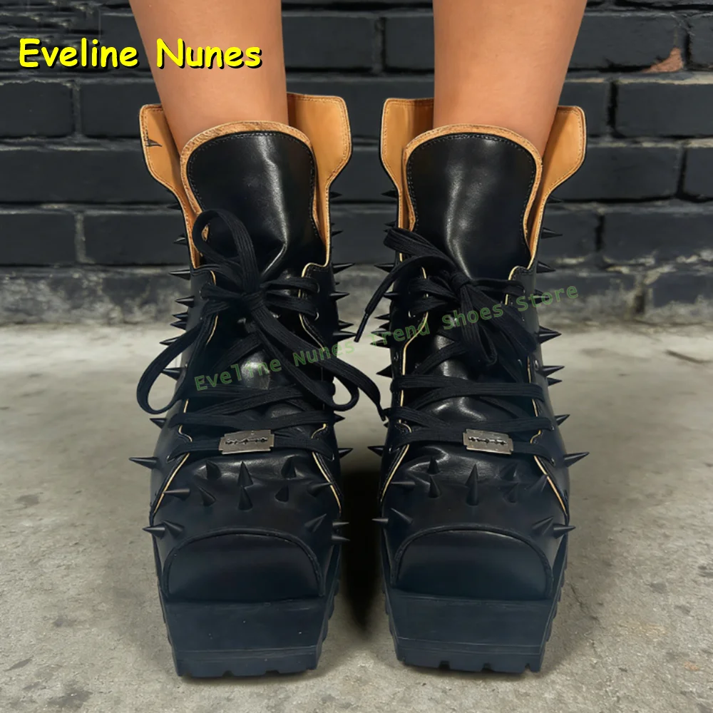

Туфли-лодочки на платформе со шнуровкой и заклепками и шипами, модная обувь в стиле панк с квадратным носком на массивном каблуке, весна 2024, Новое поступление, высокий тренд