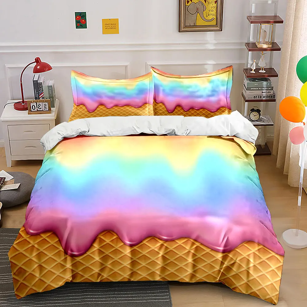 Melting rainbow ice cream on waffle Pattern Duvet Cover Set Digital Print Colorful Polyester Bedding with Zipper Closur