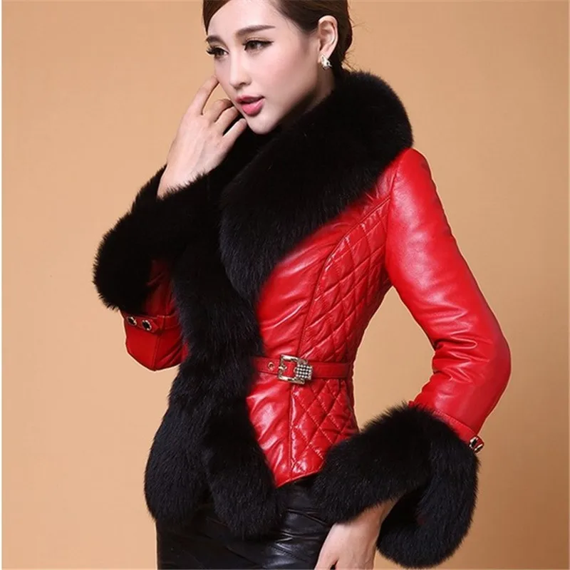 New Winter Leather Jacket Women Coat Faux Fox Fur Collar Short Coat PU Leather Female Jacket Elegant Motorcycle Zipper Outerwear