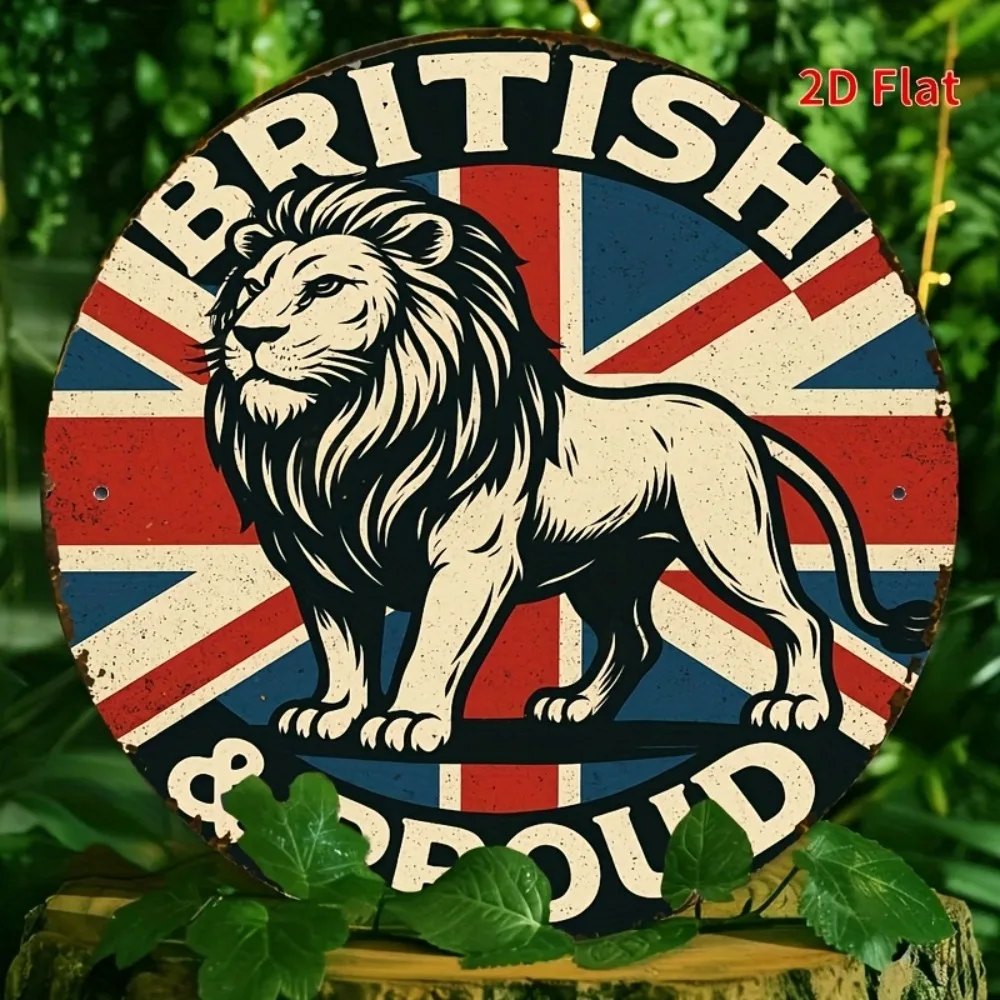 لافتة حائط حديدية عتيقة من Lion & Union Jack - لوحة معدنية ريفية مع نص "British & Proud"، ديكور متين مثبت على الحائط