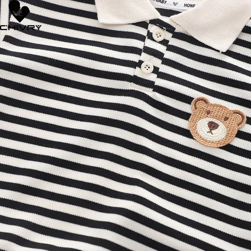 Boys Fashion Clothing Sets New 2023 Baby Boy Spring Autumn Cartoon Bear Striped Lapel Shirts Tops with Pants Kids Casual Clothes