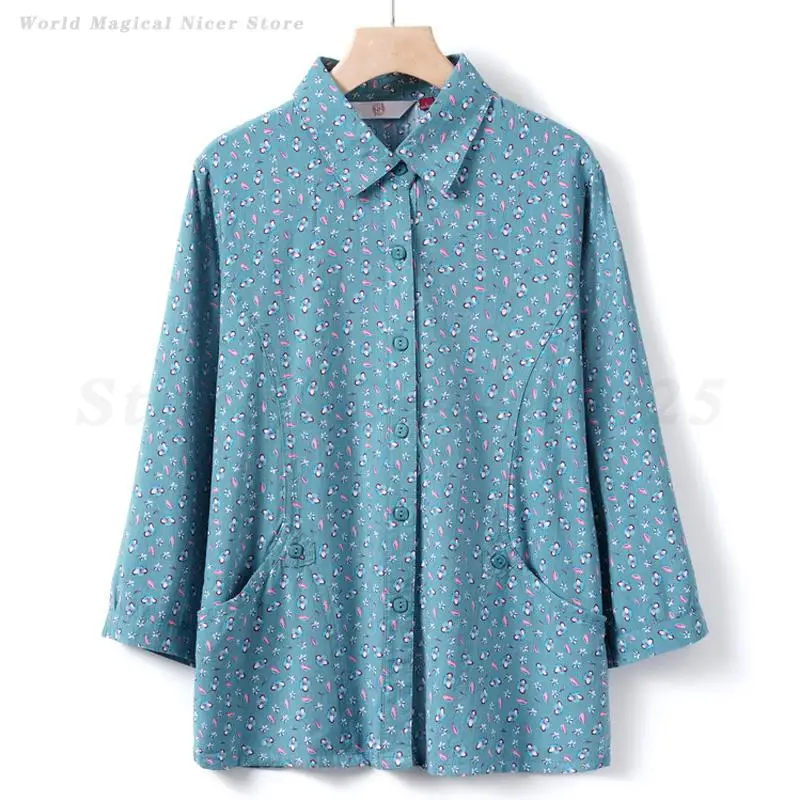 Print Flower Casual Shirts Women's Lapel Neck Cotton Blouses Chinese Traditional Retro Tang Clothing Middle Aged Elderly 4XL Top