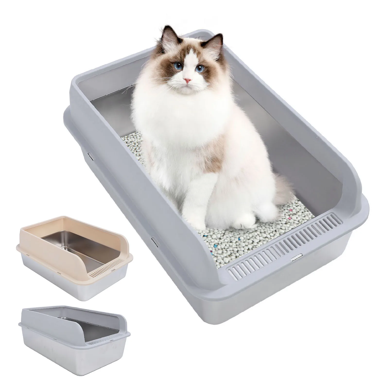 

Stainless Steel Cat Litter Box Sturdy High Sided Metal Kitty Litter Pan Easy To Clean Filter Stairs Rustproof for Indoor Cats