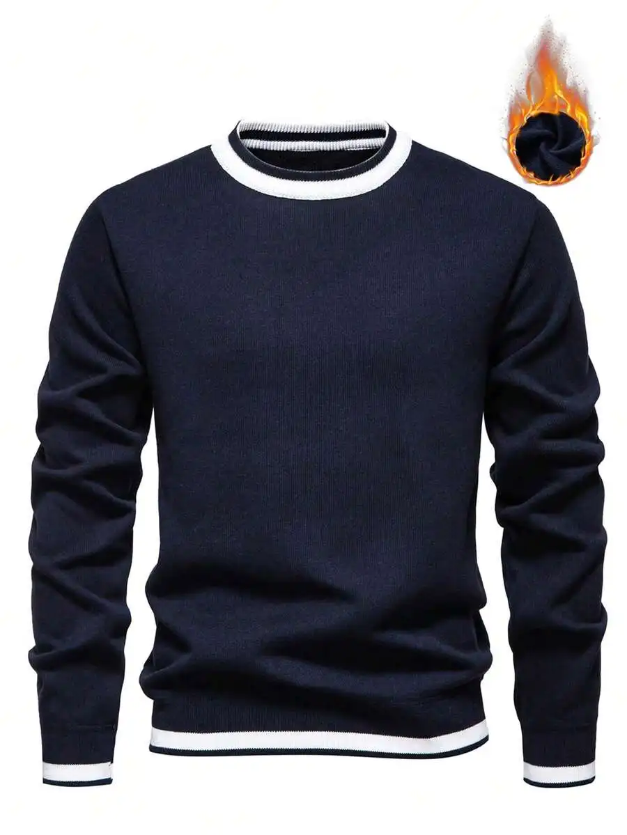 

Men's Navy Thermal-Lined Crewneck Sweater with Contrast Trim, Regular Fit Long Sleeve Knitwear