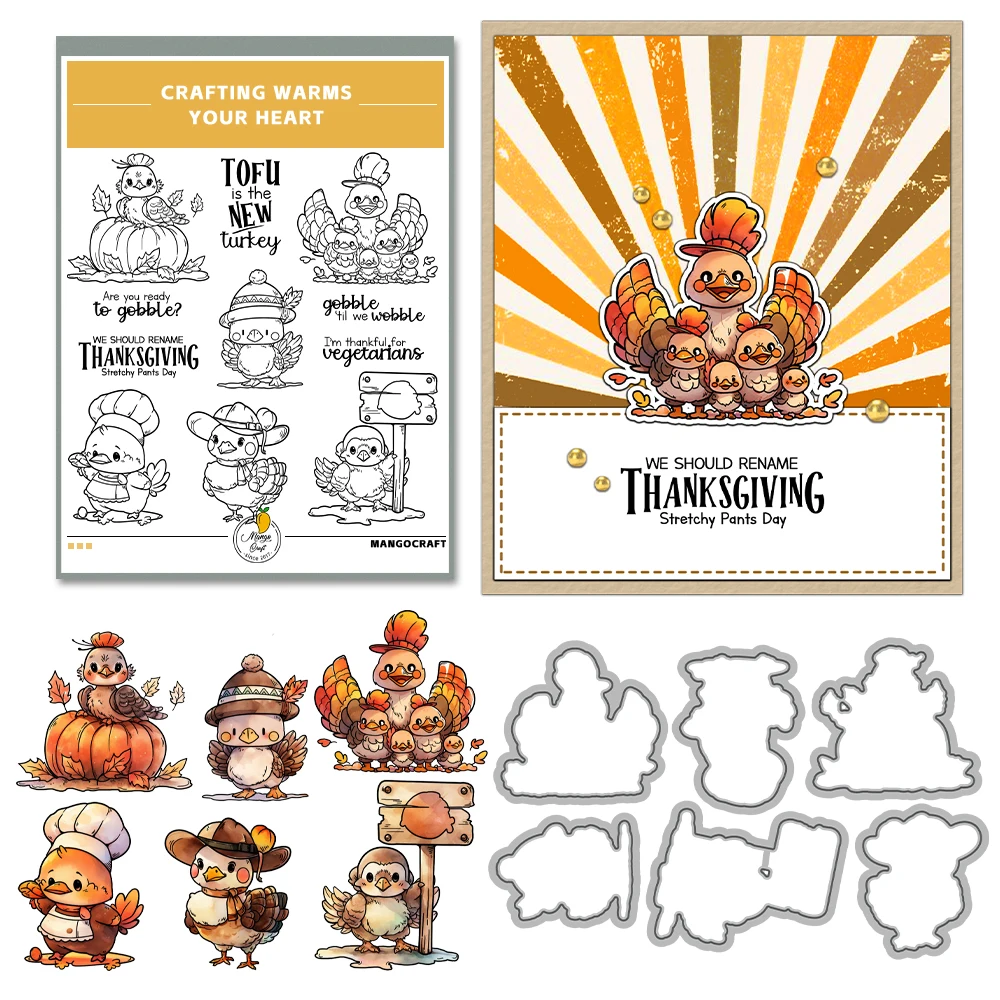 Mangocraft Thanksgiving Day Cute Turkey Cutting Dies Clear Stamp DIY Scrapbooking Supplies Metal Dies Silicone Stamp Cards Album