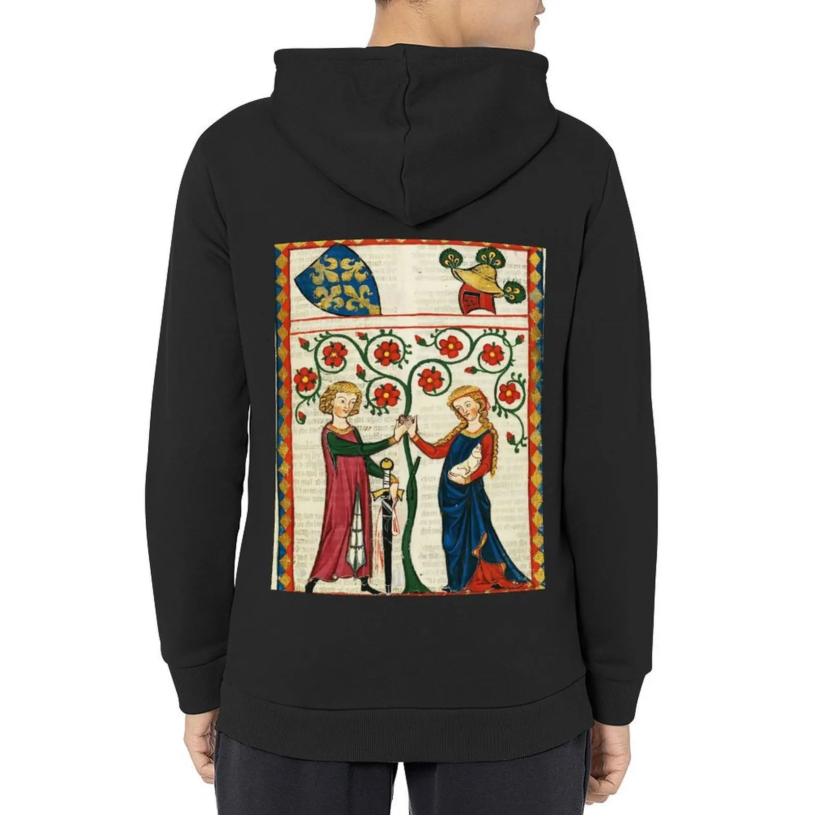 

GERMAN POET WITH HIS BELOVED LADY ,MEDIEVAL MINIATURE WITH WILD ROSES Hoodie aesthetic clothing winter clothes man hoodie