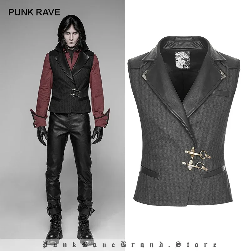 PUNK RAVE New Steampunk Black Brown Striped Men\'s Waistcoat Gothic Leather Decoration Retro Palace Men Vest Emo Visual Kei