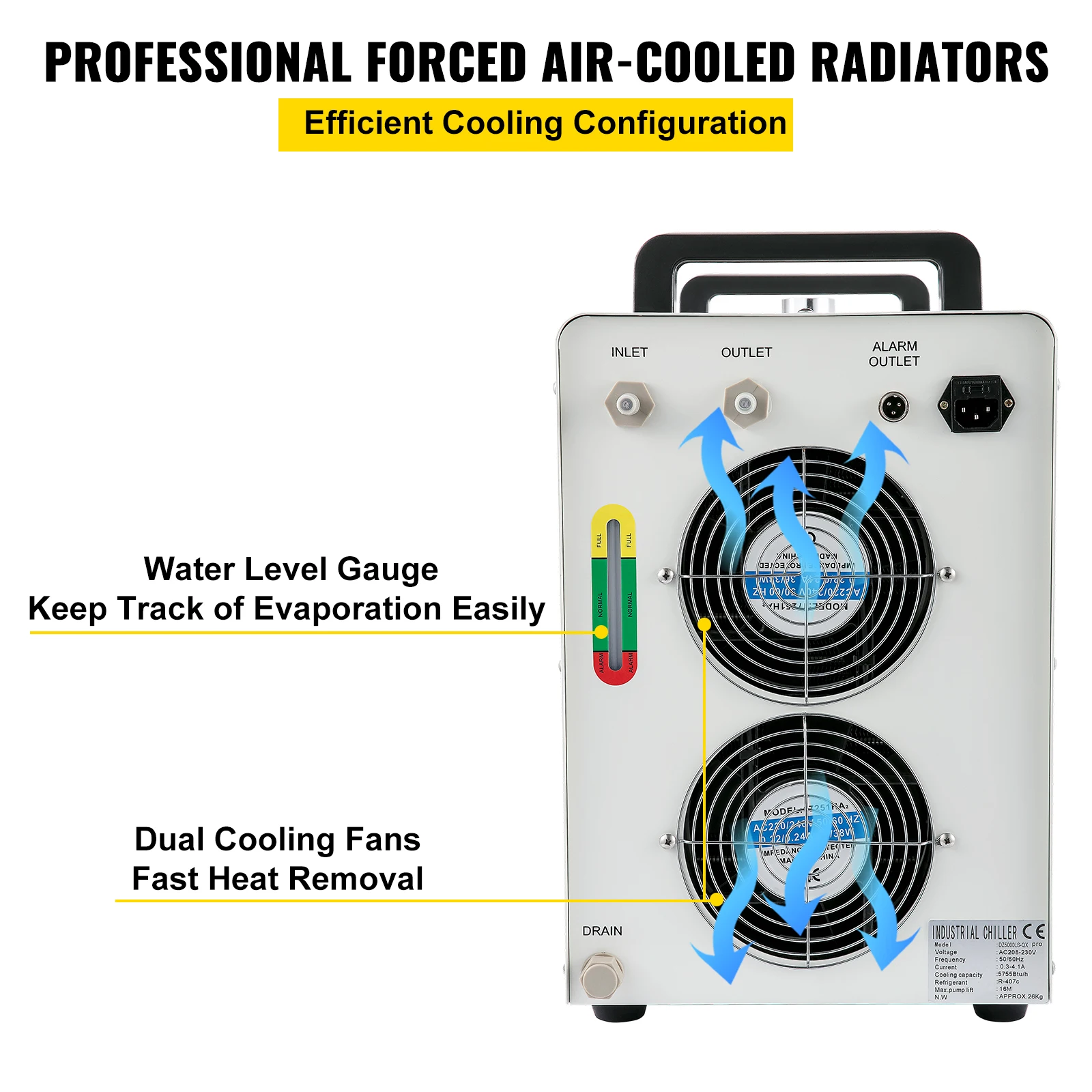 VEVOR Refrigeratore dell'Acqua Industriale, DZ5200LS-QX 1,4 kW 220 V Capacità 6 L Macchina per Raffreddamento d'Acqua per Raffreddare Un Tubo Laser in Vetro CO2 della Macchina per Incisione e Taglio