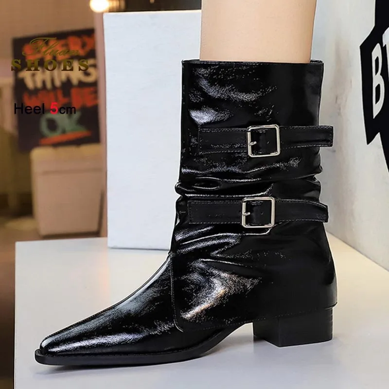 الخريف قبعات رعاة البقر الغربية أحذية النساء كعب خشن الجلود مشبك الأحذية المتوسطة موضة الأسود 5 سنتيمتر عالية الكعب فارس الأحذية أحذية الحفلات #3