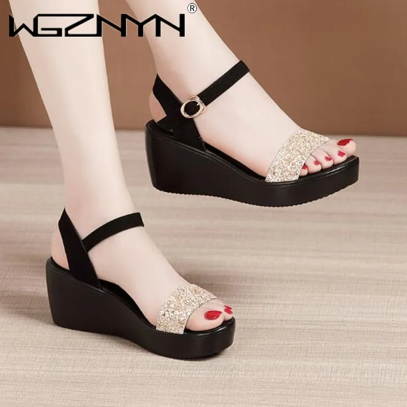 Summer Thick Bottom High Heel Women Shoes Size 35-40 Black Roman Wedges Heel Platform Women\'s Sandals Beach Shoes Open Toe Shoes