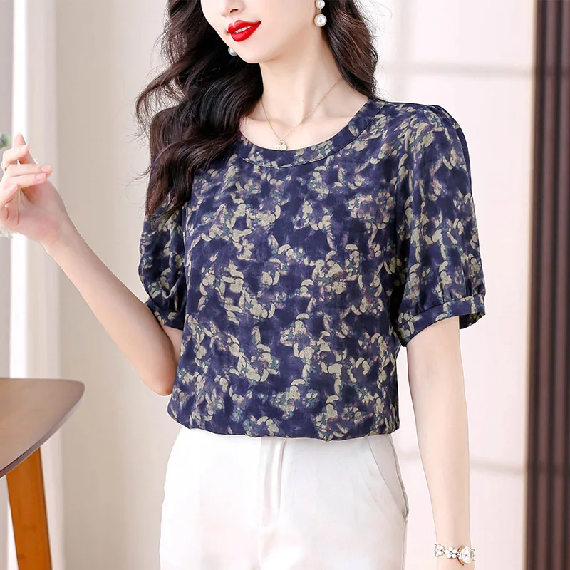 Women Vintage Floral Printing Short Sleeve Blouse Summer Fashion Loose All-match Chiffon Shirts Office Lady Elegant O-neck Tops