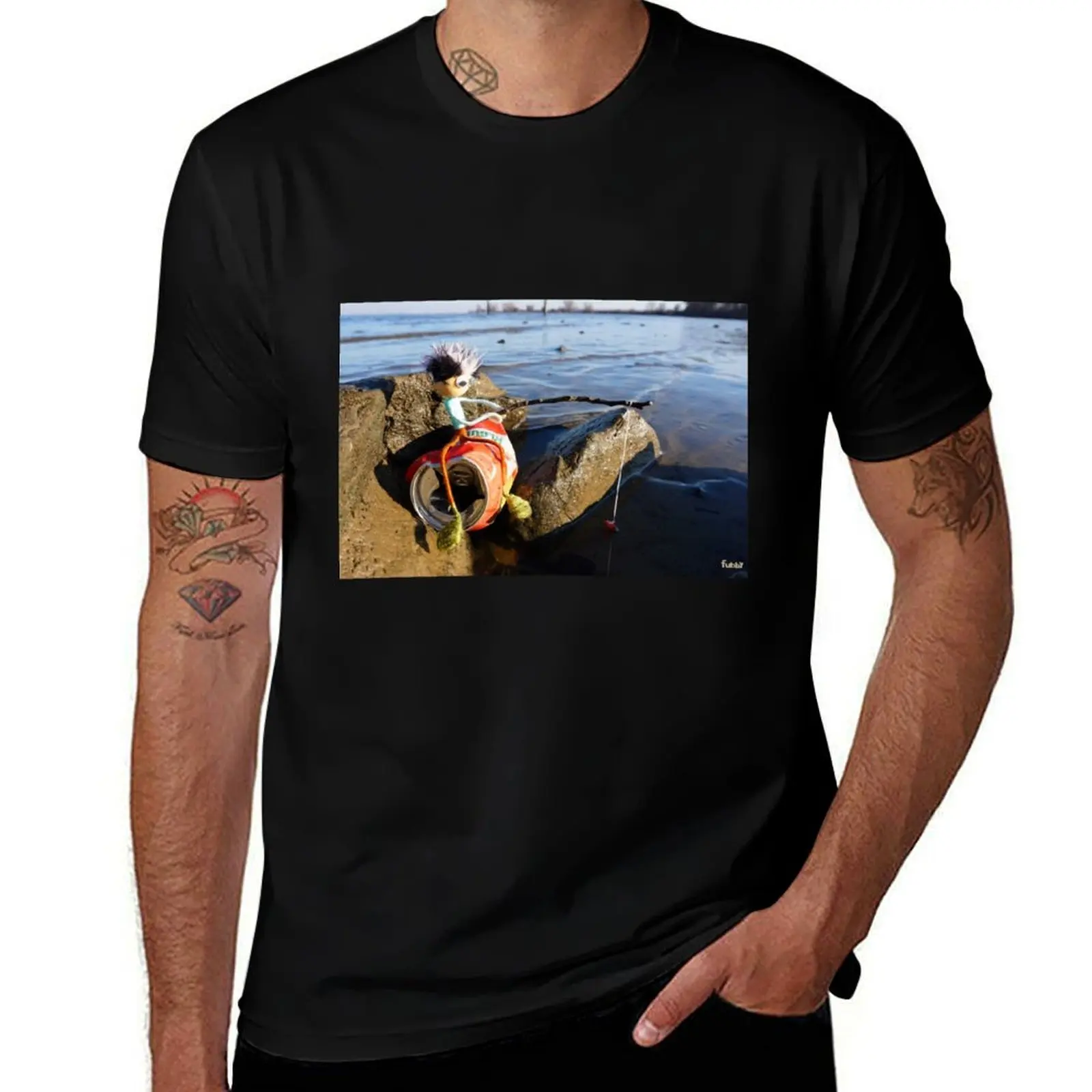 

Fishing Fubby on a can at the waterfront. T-Shirt fashion shirts oversized boys animal print funny t shirts men