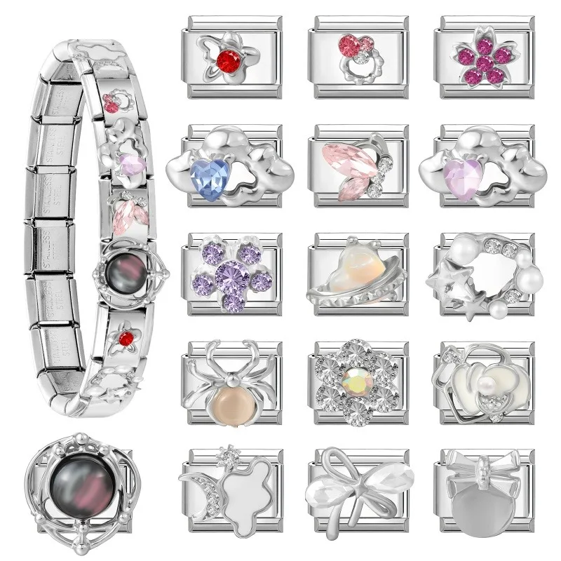 New Shiny Zircon Grey Planet Colorful Flowers Bow Italian Charm Links Fit 9MM Stainless Steel Bracelet Girls' DIY Making Gifts