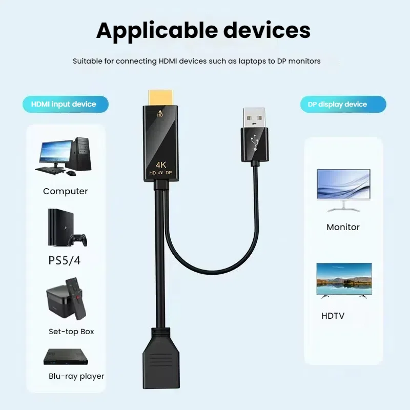كابل محول نشط عالي السرعة 4k @ 60 هرتز HDMI ذكر إلى Displayport أنثى مع طاقة USB لأجهزة الكمبيوتر المحمول